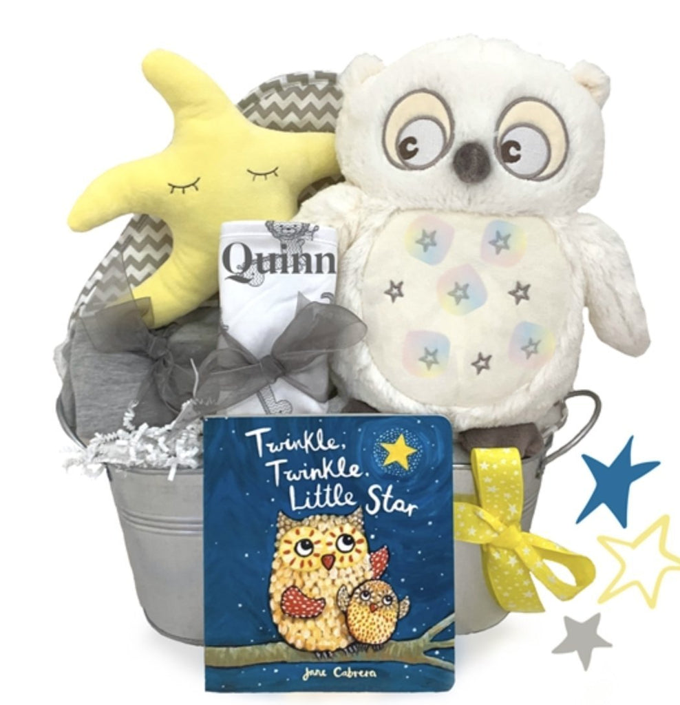 We offer a variety of personalized baby gifts for boys and girls, as well as gender-neutral gifts, like this bedtime set with bath items, a board book, a plush owl, and more.