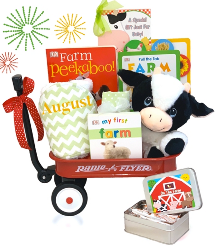 We offer a variety of unique, gender-neutral newborn gifts, including this farm-themed gift set that includes a mini wagon, board books, and more.
