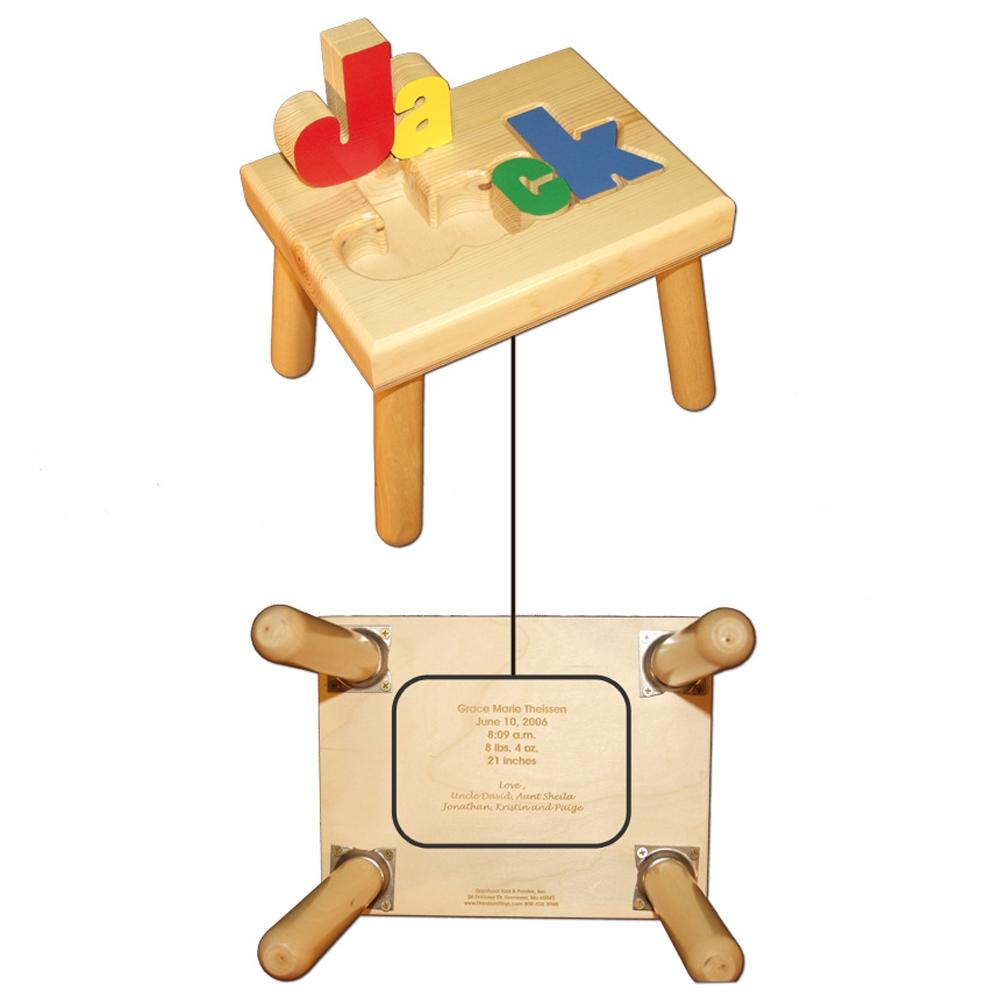 Our collection of personalized newborn gifts includes this unique puzzle step stool featuring the baby's name.