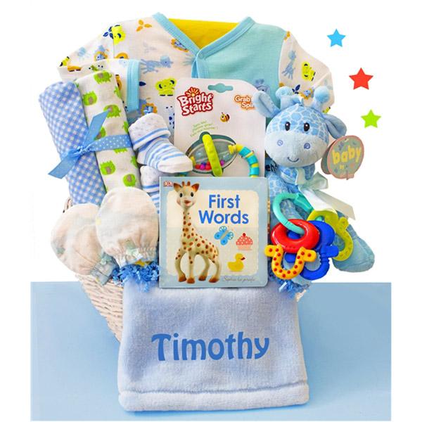 Our collection of corporate baby gifts include personalized gift baskets like this blue, safari-themed gift basket with stuffed animals, a board book, and more.