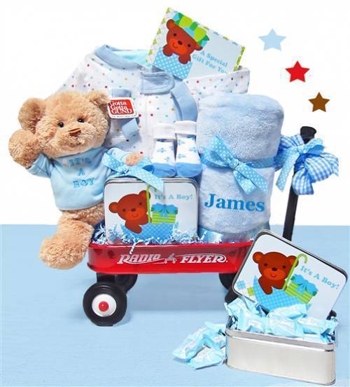 Our unique baby boy gifts include this classic mini wagon gift set featuring a teddy bear, personalized blanket, and more.