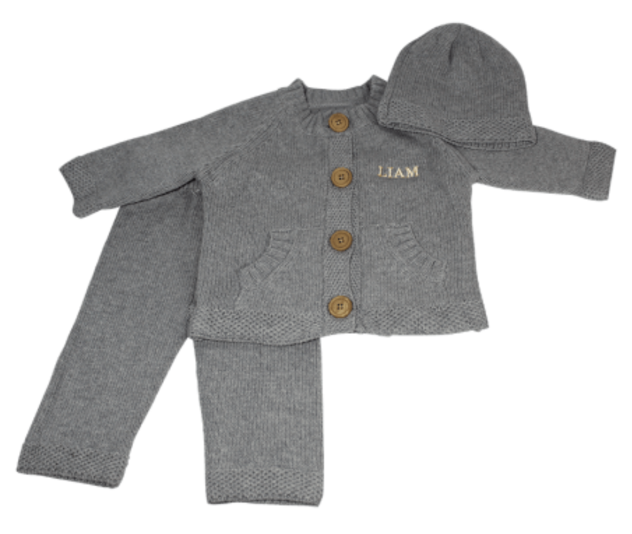 Embroidered 3 Piece Knit Set - Gray